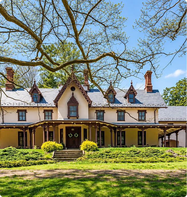 Two-story mansion with a dark wood porch, stone steps, and multiple gabled rooflines, framed by tree branches—a project highlighting a masonry company in Havertown, PA.