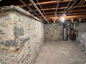 Stone wall with fresh mortar repointing, exposed ceiling joists, and a boiler in the background.