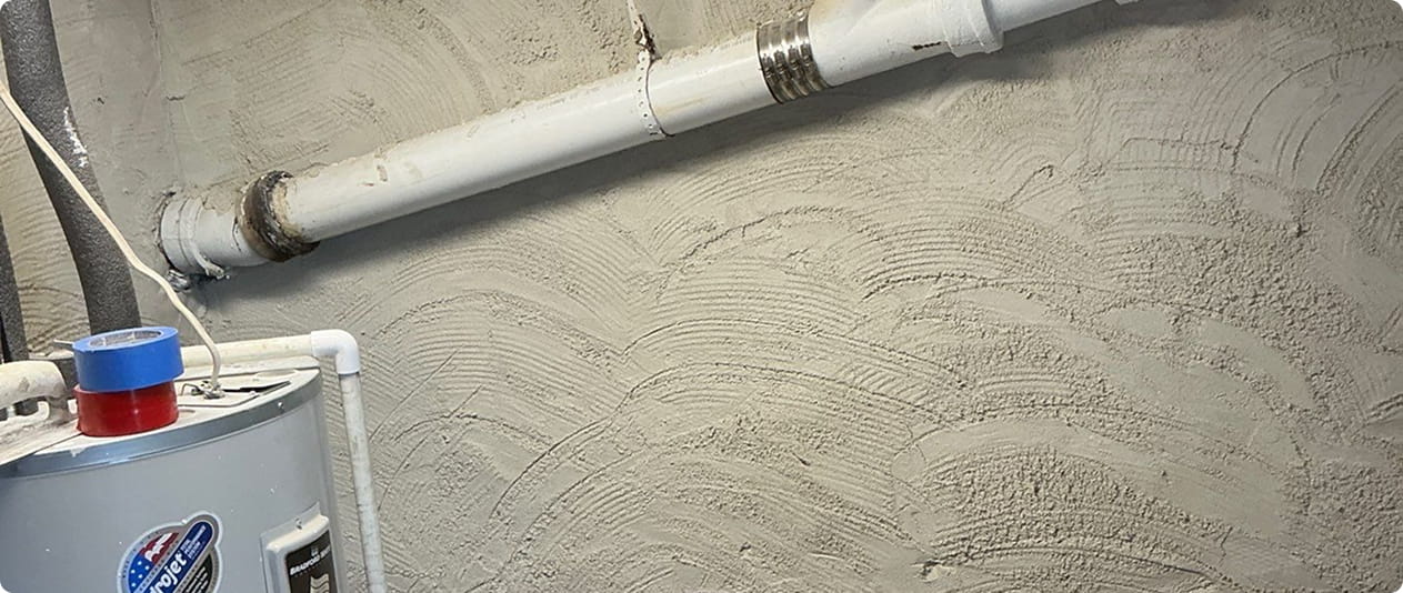 White plumbing pipe running along a textured parged basement wall near a water heater.
